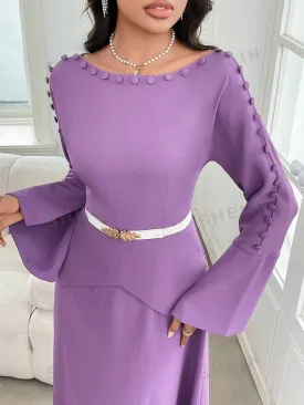 Modely Women's Solid Crew Neck Zip-Up Long Sleeve Elegant Dress