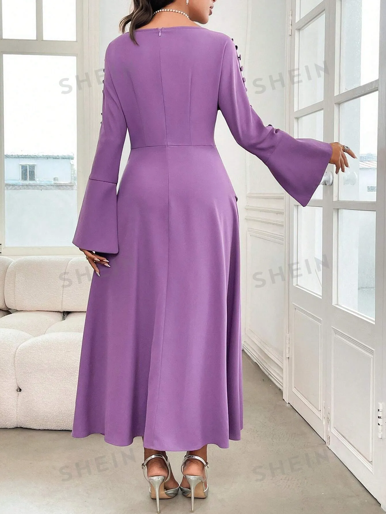Modely Women's Solid Crew Neck Zip-Up Long Sleeve Elegant Dress