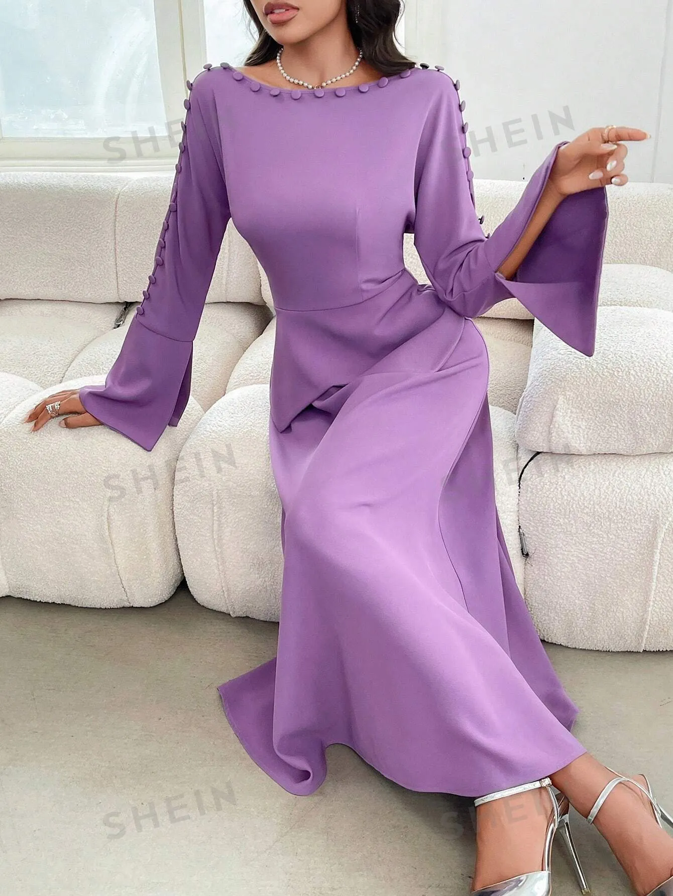 Modely Women's Solid Crew Neck Zip-Up Long Sleeve Elegant Dress