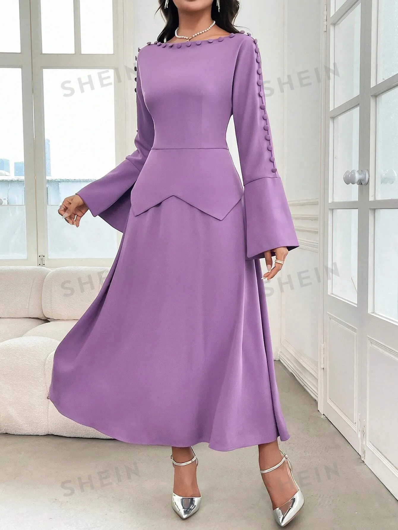 Modely Women's Solid Crew Neck Zip-Up Long Sleeve Elegant Dress