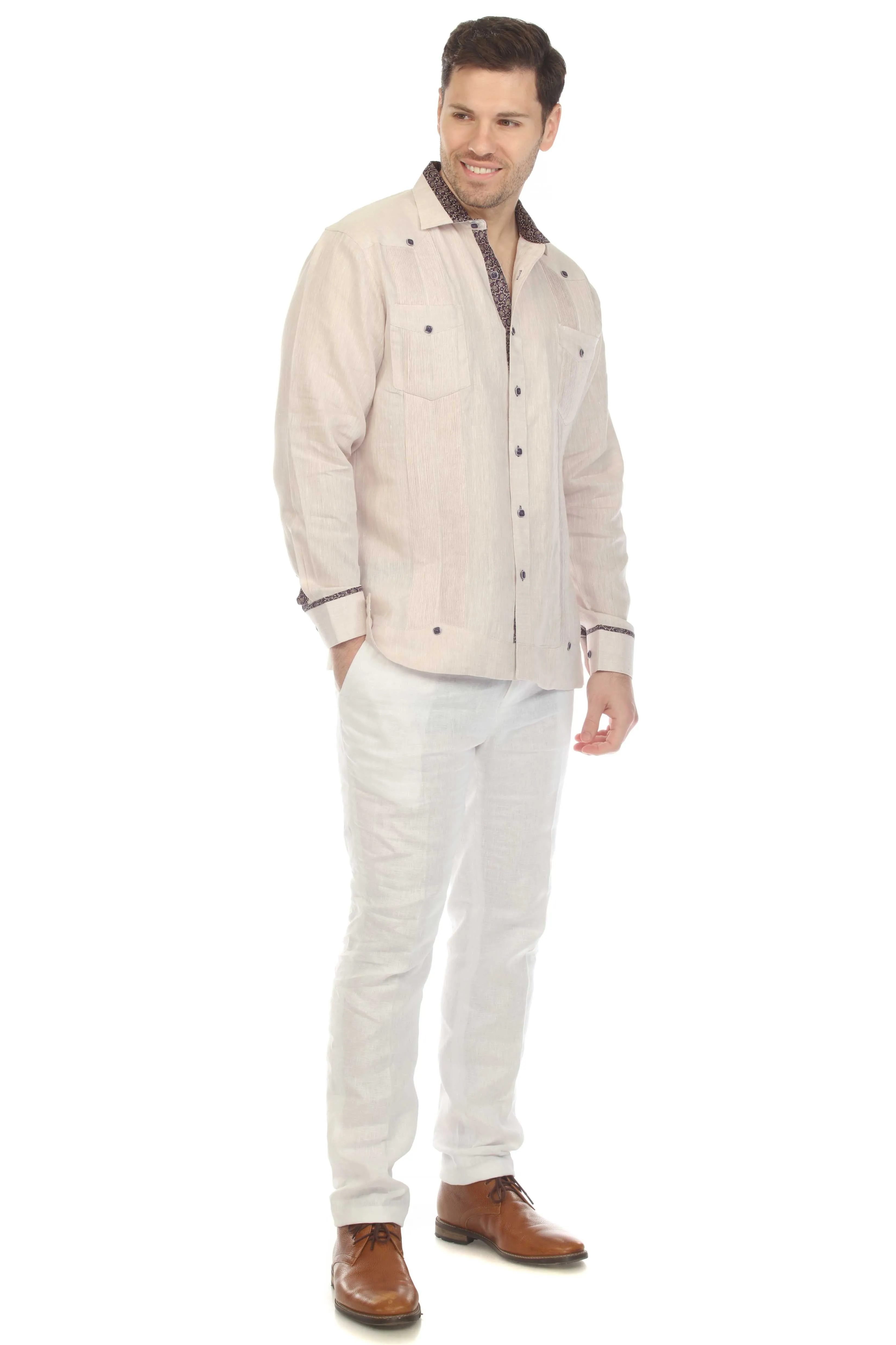 Mojito Men's 100% Linen Guayabera Chacabana Shirt Long Sleeve with Contrast Accent Trim