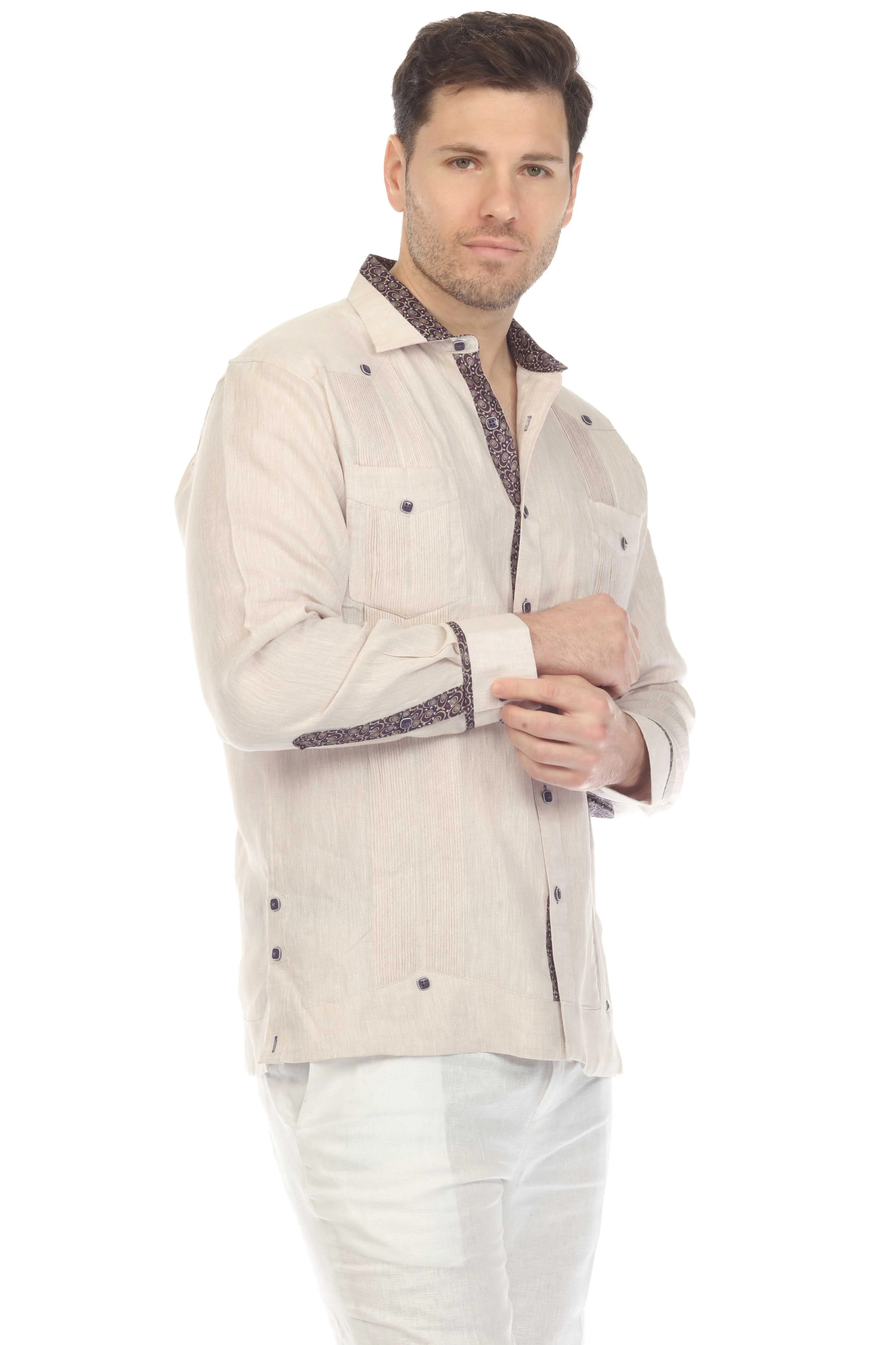 Mojito Men's 100% Linen Guayabera Chacabana Shirt Long Sleeve with Contrast Accent Trim