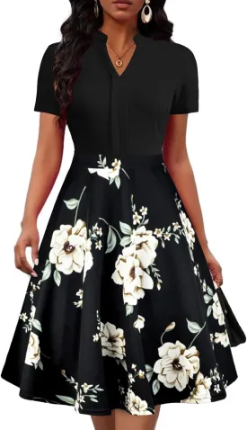 Mokayee Womens Summer Short Sleeve V Neck Fit and Flare Semi Formal Work Wedding Guest Dresses with Pockets