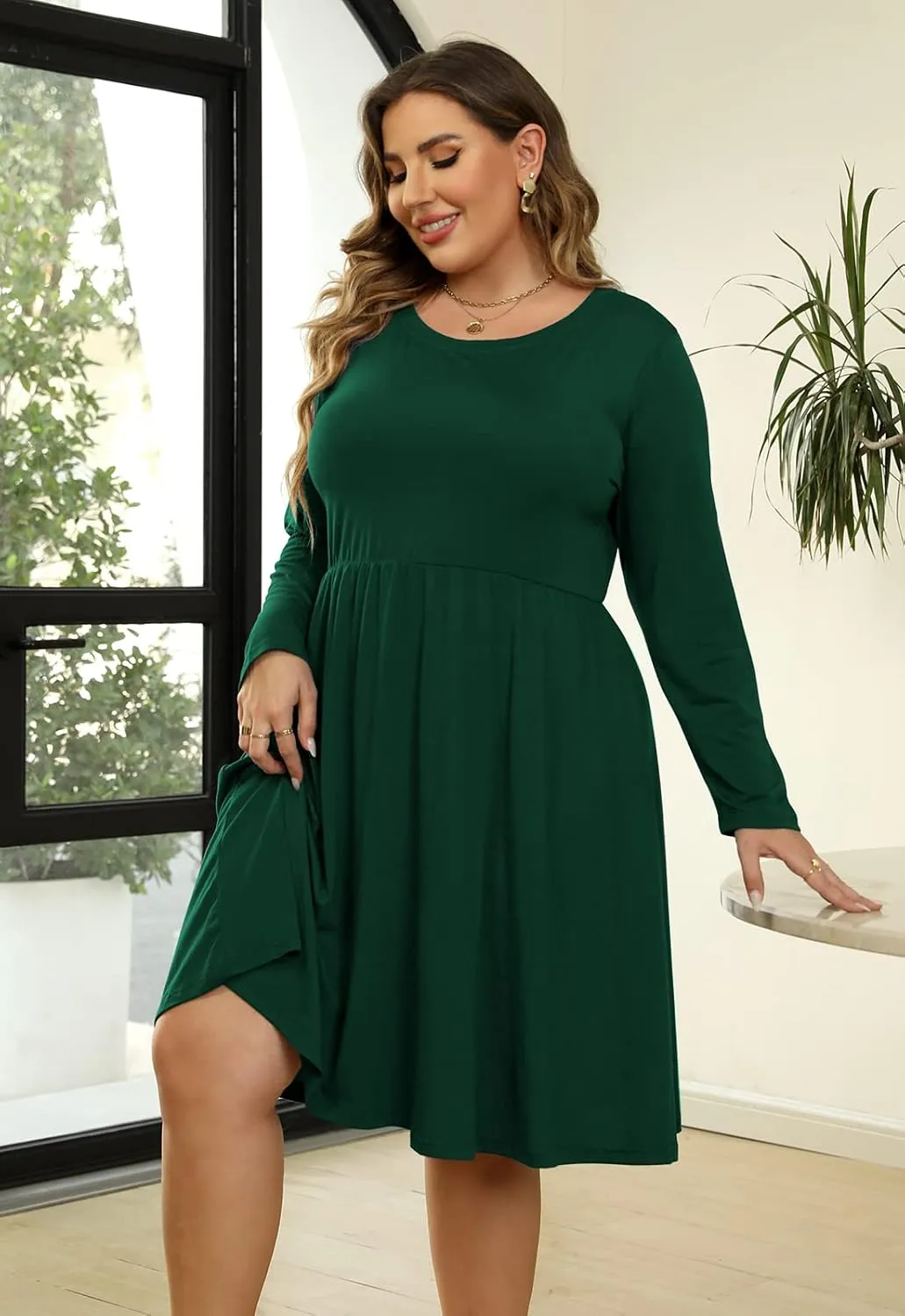 Nemidor Women's Round Neck Long Sleeve Casual Plus Size Fit and Flare Midi Dress with Pocket NEM169