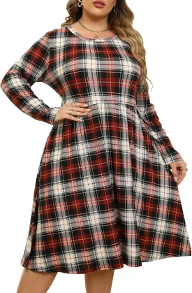 Nemidor Women's Round Neck Long Sleeve Casual Plus Size Fit and Flare Midi Dress with Pocket NEM169