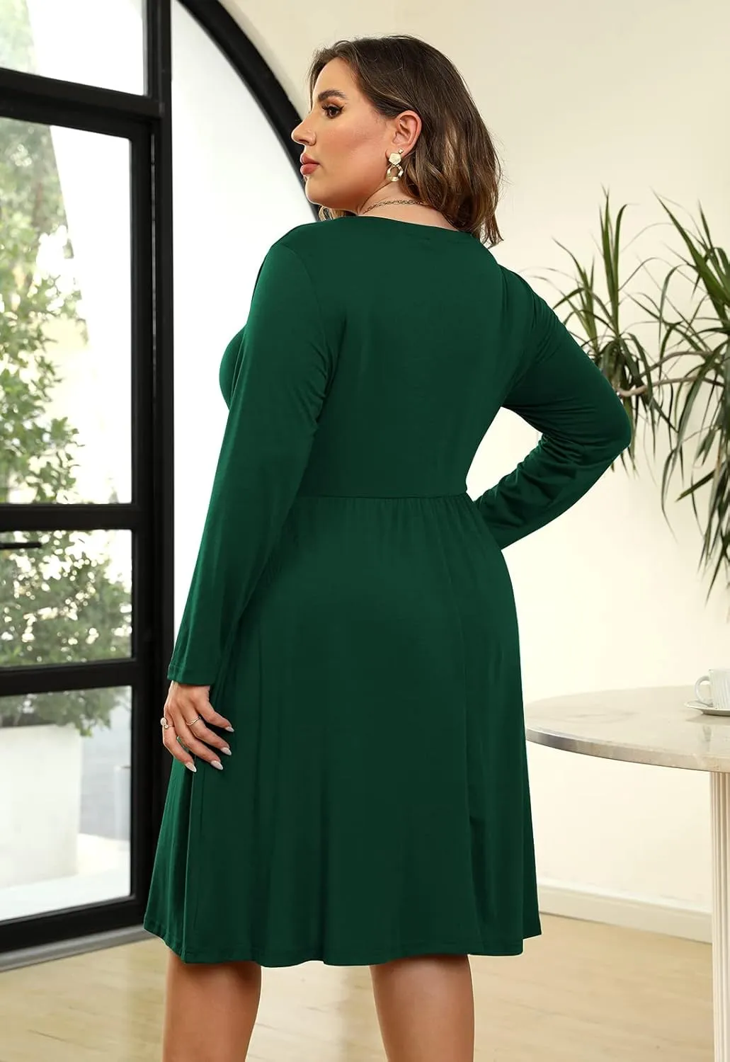 Nemidor Women's Round Neck Long Sleeve Casual Plus Size Fit and Flare Midi Dress with Pocket NEM169