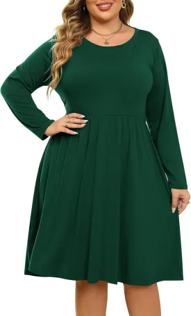 Nemidor Women's Round Neck Long Sleeve Casual Plus Size Fit and Flare Midi Dress with Pocket NEM169