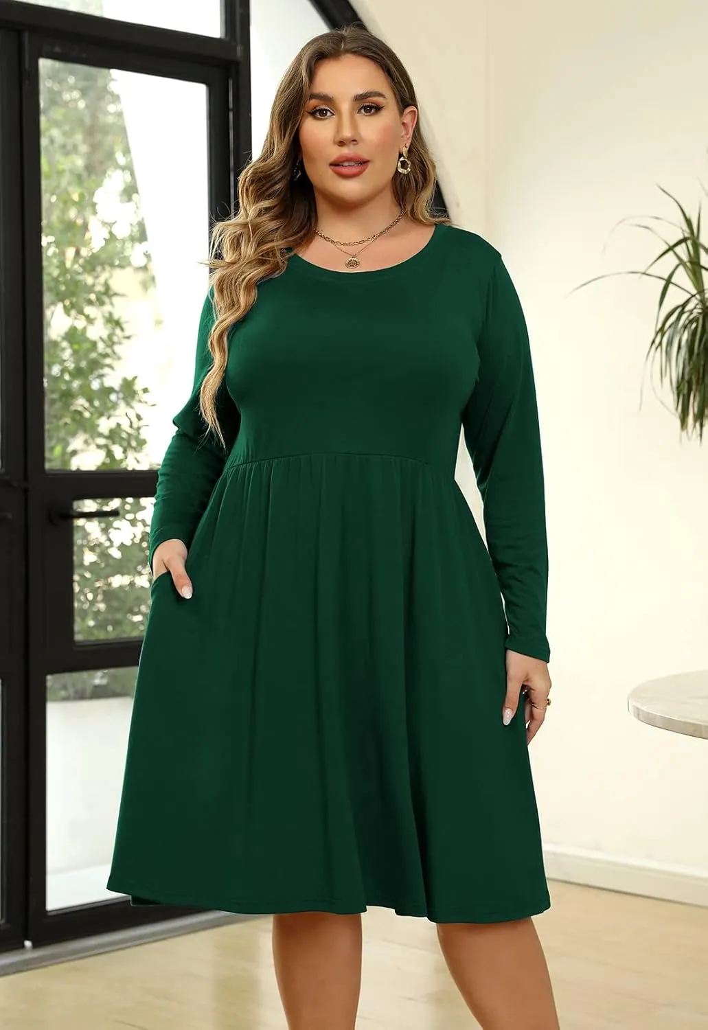 Nemidor Women's Round Neck Long Sleeve Casual Plus Size Fit and Flare Midi Dress with Pocket NEM169