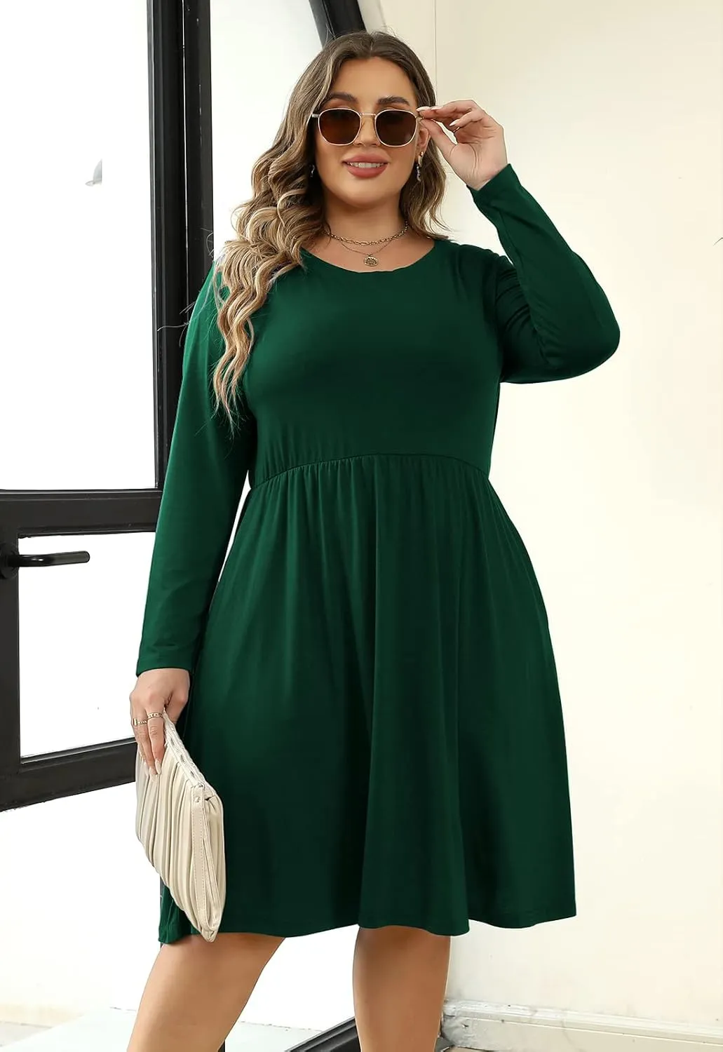 Nemidor Women's Round Neck Long Sleeve Casual Plus Size Fit and Flare Midi Dress with Pocket NEM169