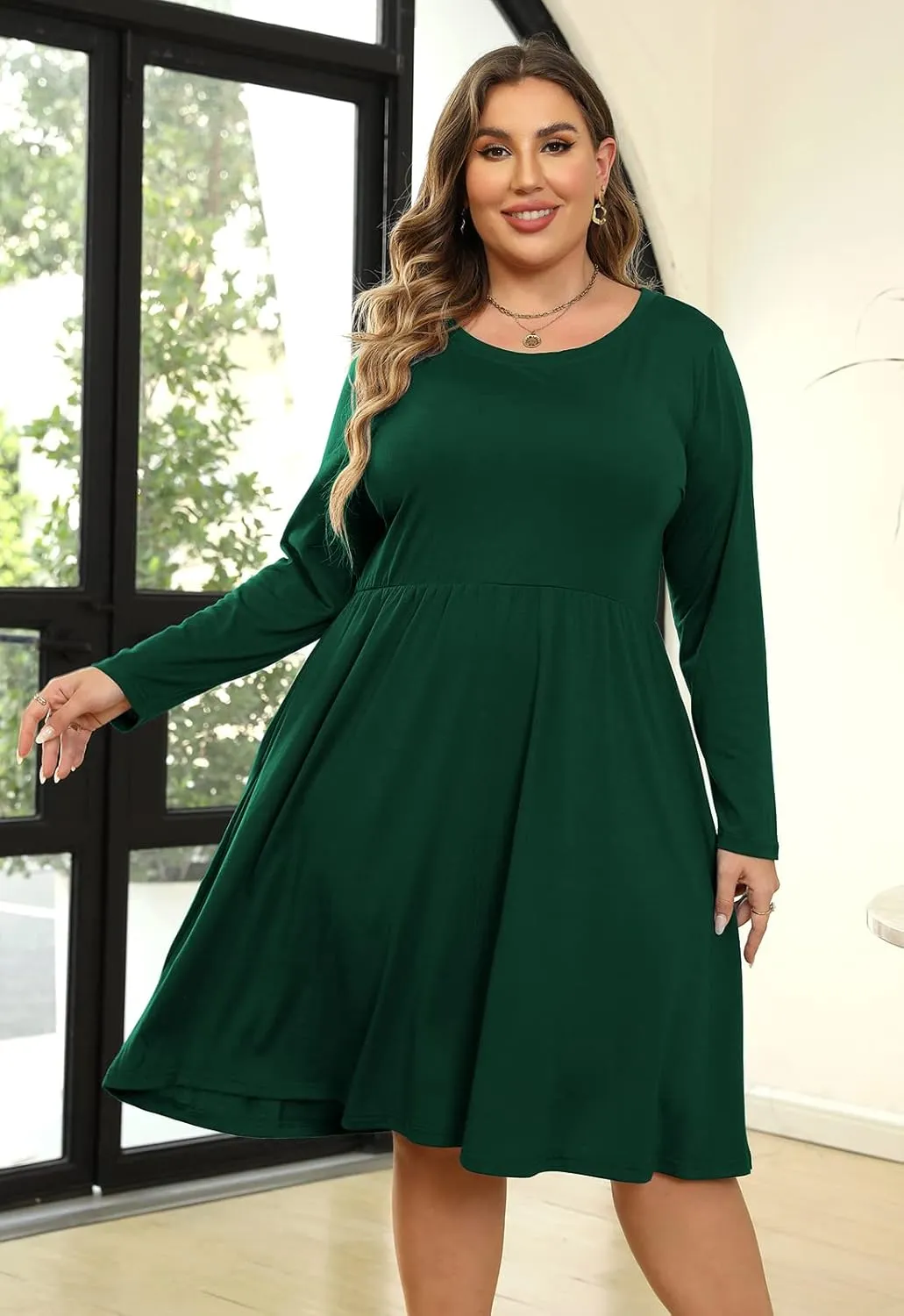 Nemidor Women's Round Neck Long Sleeve Casual Plus Size Fit and Flare Midi Dress with Pocket NEM169