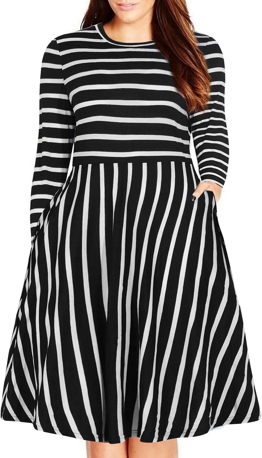 Nemidor Women's Round Neck Long Sleeve Casual Plus Size Fit and Flare Midi Dress with Pocket NEM169