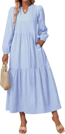 NENONA Women's 2025 Striped Long Sleeve Spring Maxi Dress V Neck Casual Flowy Lightweight Beach Vacation Dresses with Pockets