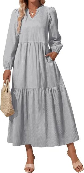 NENONA Women's 2025 Striped Long Sleeve Spring Maxi Dress V Neck Casual Flowy Lightweight Beach Vacation Dresses with Pockets