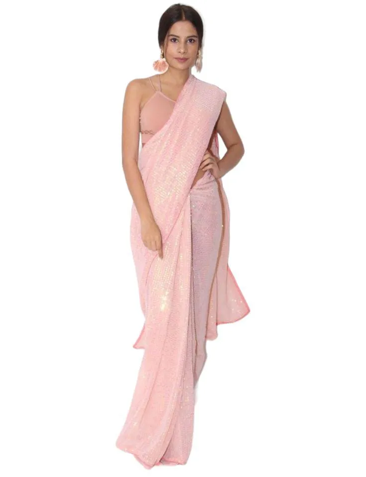 Partywear Pastel Peach Bollywood Sequin Saree with Stitched Blouse