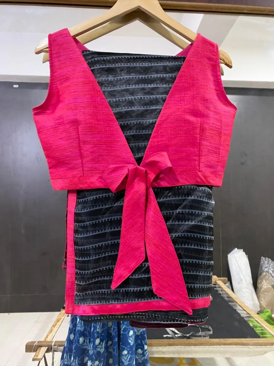 Pink silk bow patterned blouse