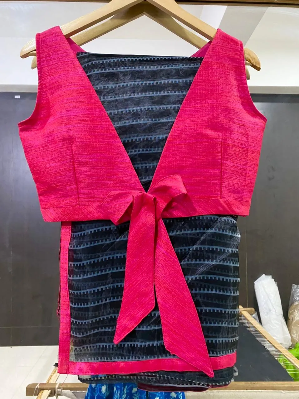 Pink silk bow patterned blouse