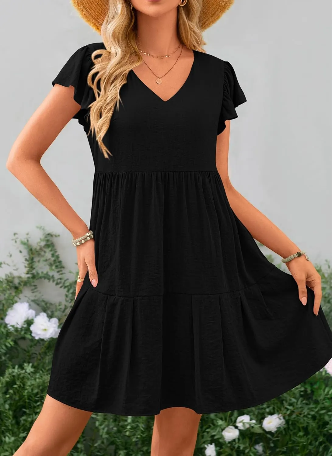 PRETTYGARDEN Women's 2024 Summer Casual Short Dress Cap Sleeve V Neck Tiered Ruffle Swing A Line Dresses