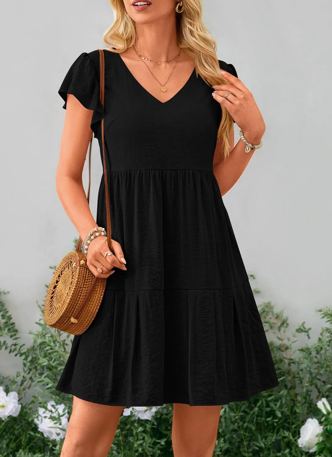 PRETTYGARDEN Women's 2024 Summer Casual Short Dress Cap Sleeve V Neck Tiered Ruffle Swing A Line Dresses