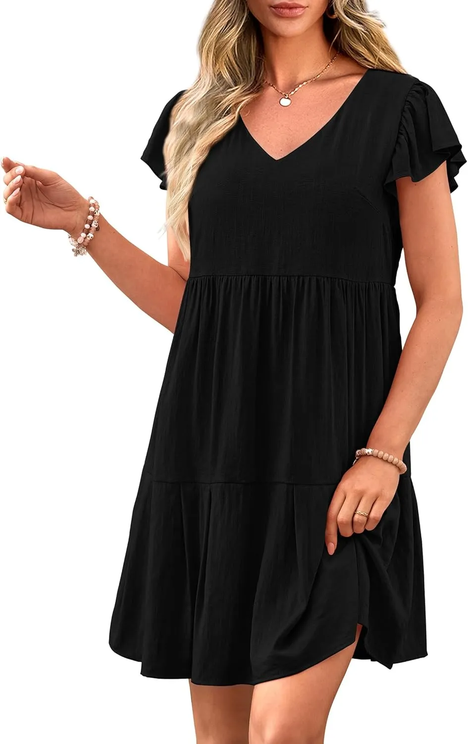 PRETTYGARDEN Women's 2024 Summer Casual Short Dress Cap Sleeve V Neck Tiered Ruffle Swing A Line Dresses
