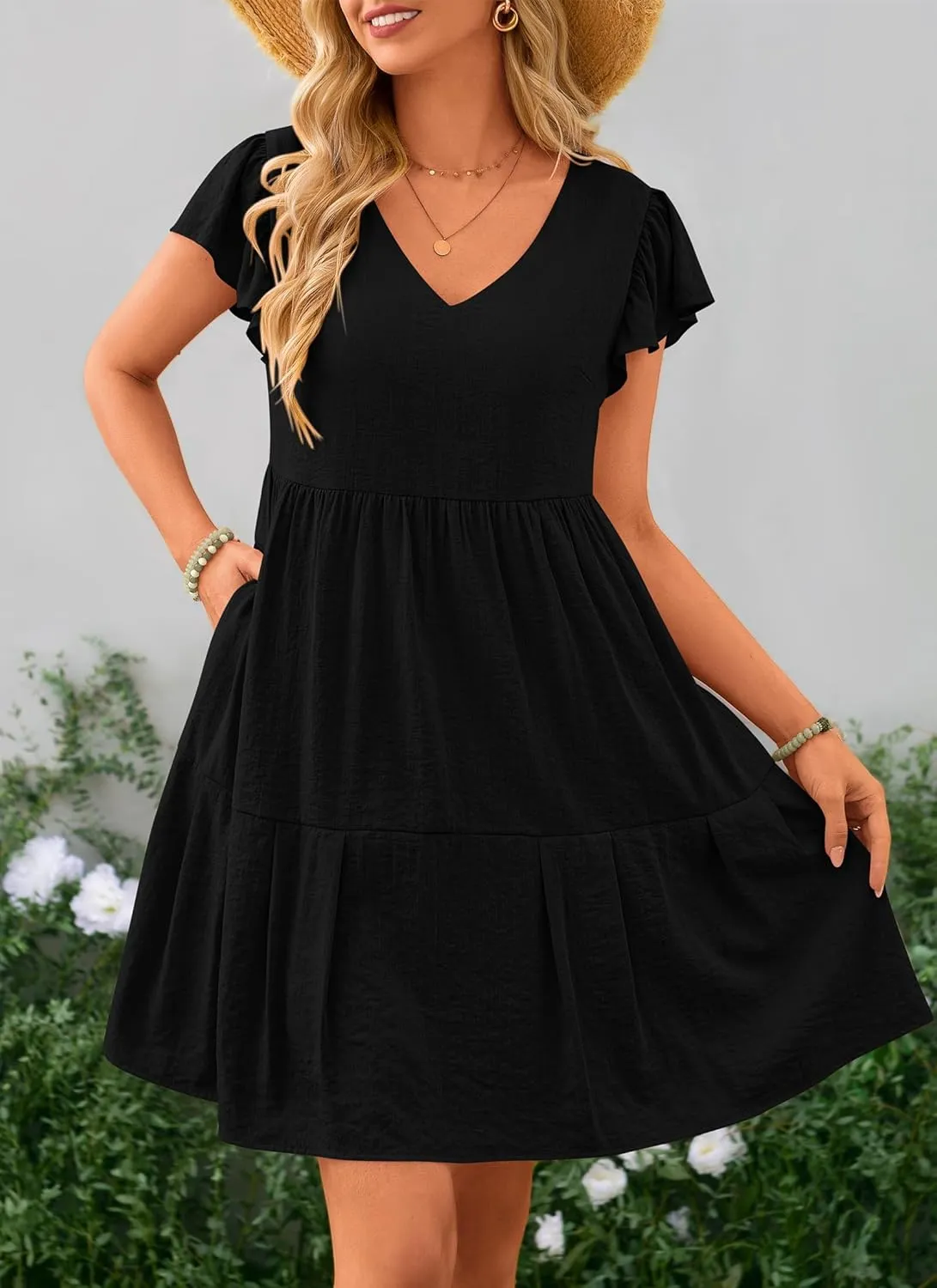 PRETTYGARDEN Women's 2024 Summer Casual Short Dress Cap Sleeve V Neck Tiered Ruffle Swing A Line Dresses