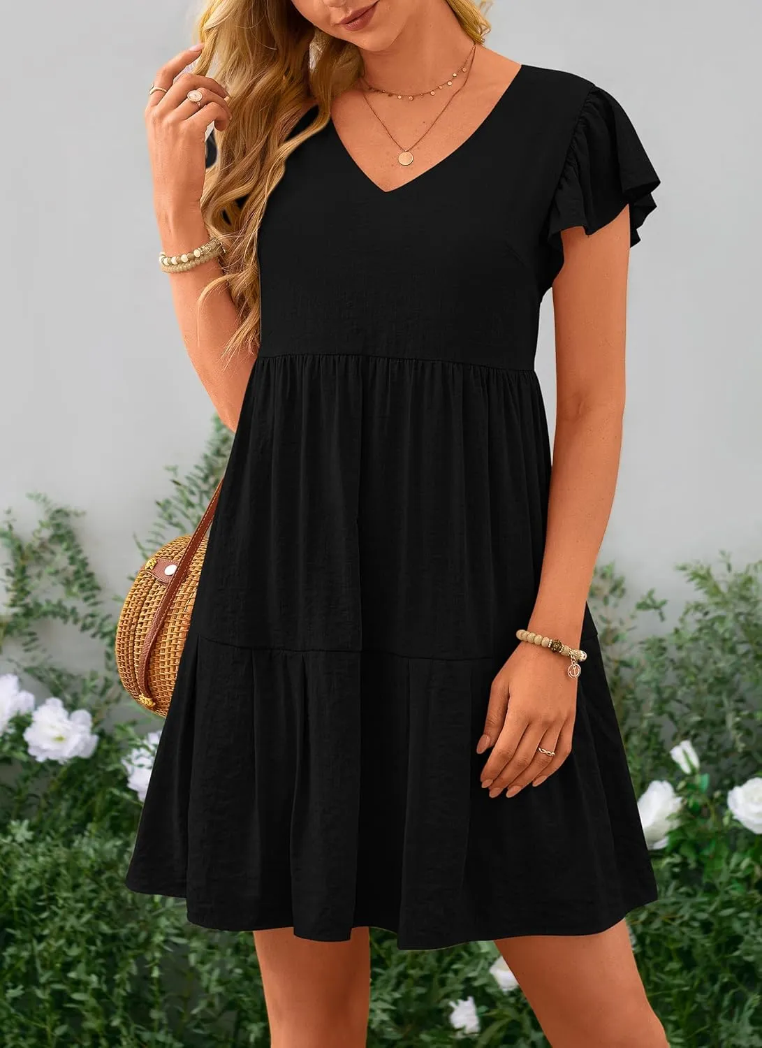 PRETTYGARDEN Women's 2024 Summer Casual Short Dress Cap Sleeve V Neck Tiered Ruffle Swing A Line Dresses