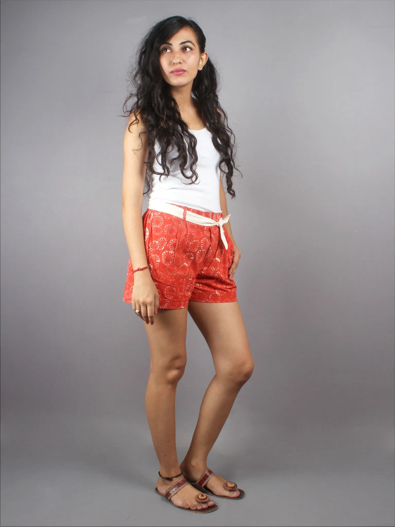 Red Hand Block Printed Shorts With Belt -S5296011