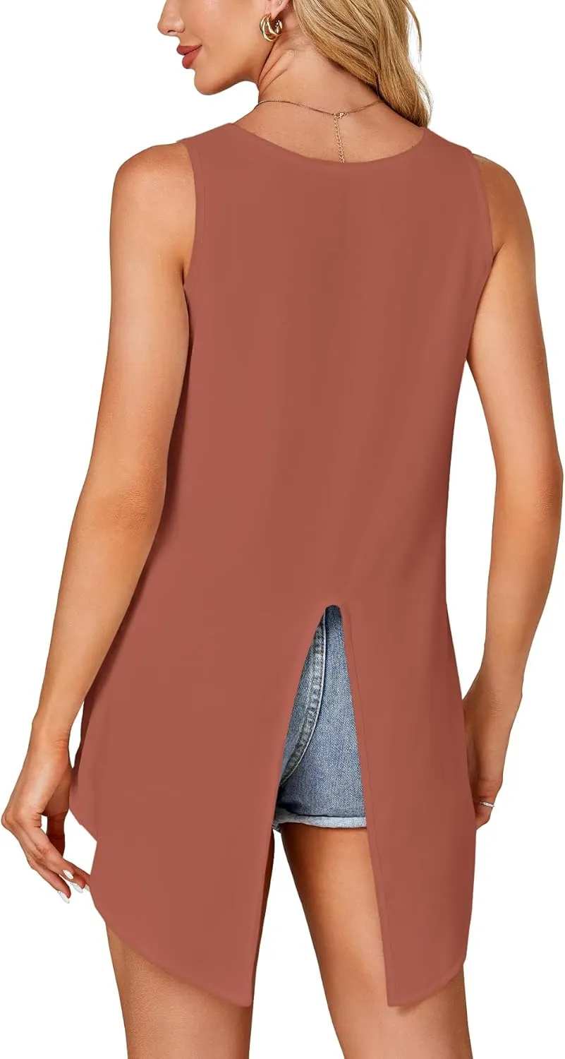 Rooscier Women's High Low Hem Sleeveless Round Neck Split Back Loose Flowy Cami Tank Top