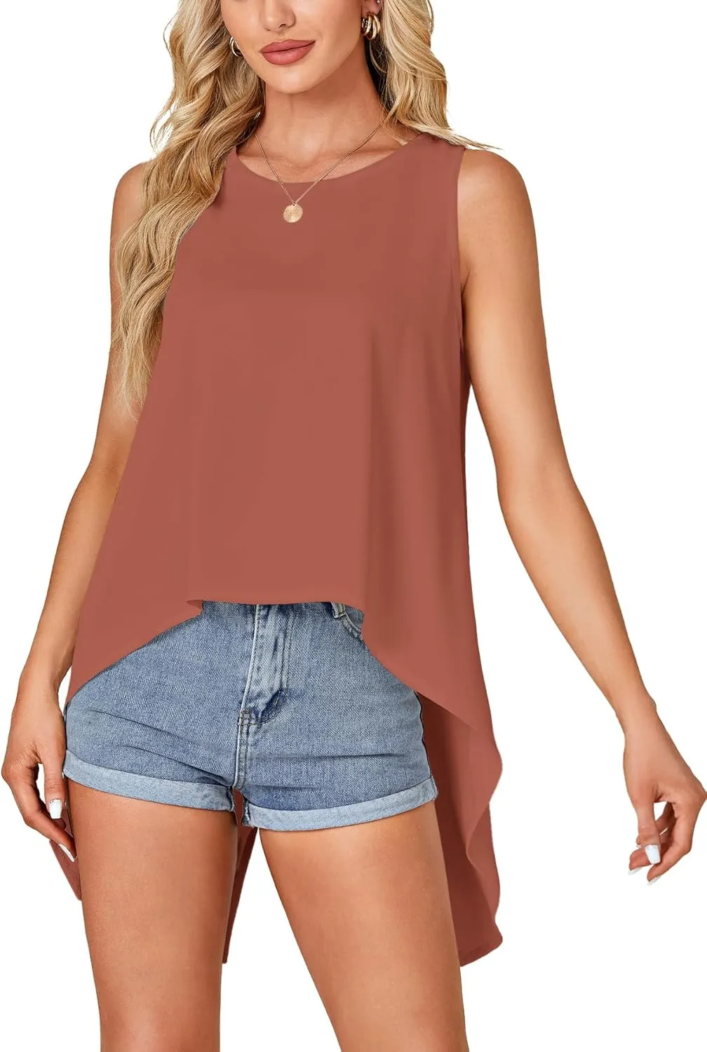 Rooscier Women's High Low Hem Sleeveless Round Neck Split Back Loose Flowy Cami Tank Top