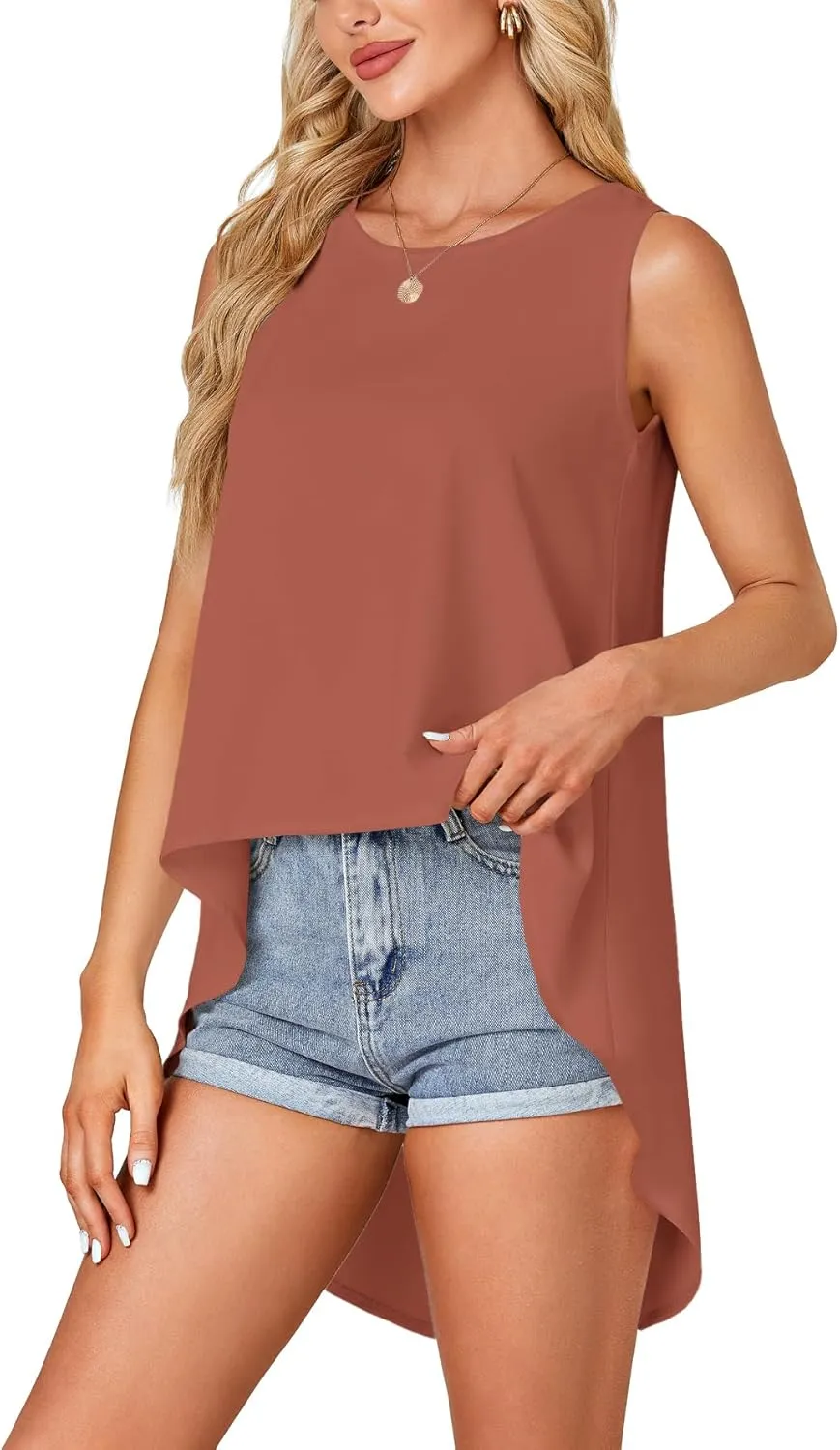 Rooscier Women's High Low Hem Sleeveless Round Neck Split Back Loose Flowy Cami Tank Top