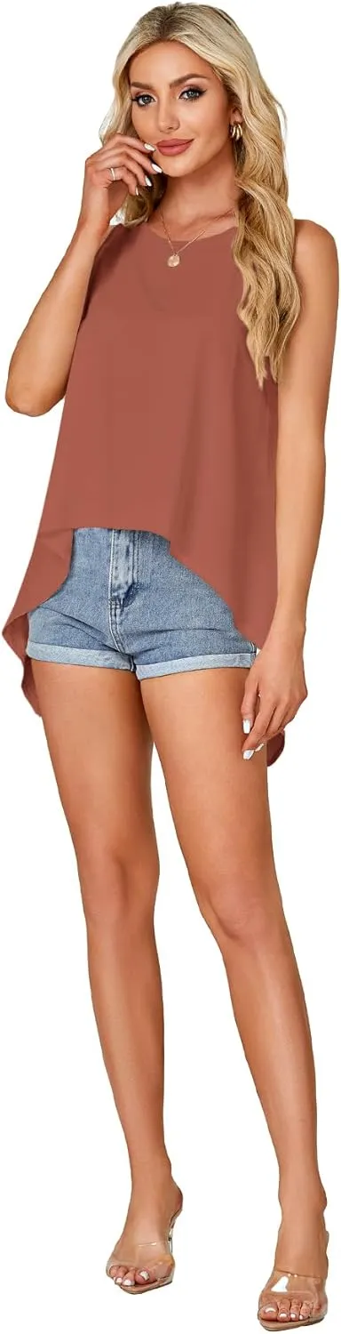 Rooscier Women's High Low Hem Sleeveless Round Neck Split Back Loose Flowy Cami Tank Top