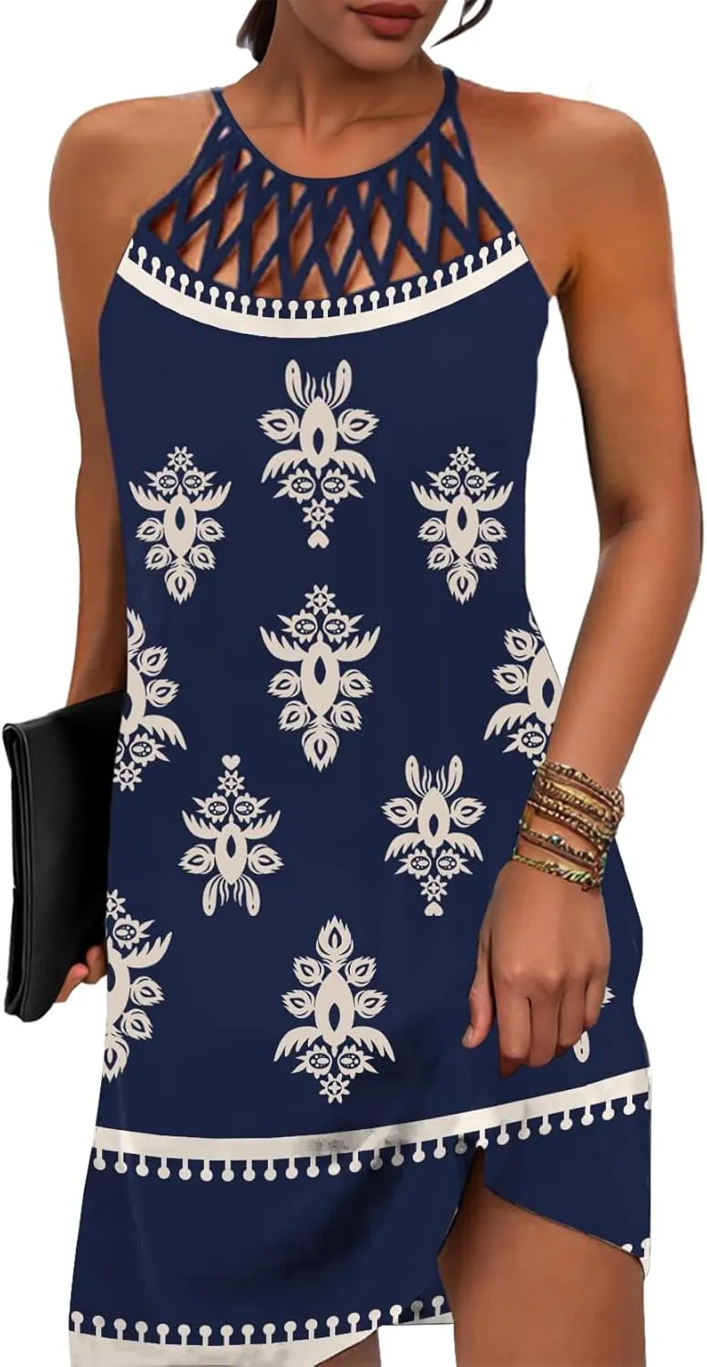 SAUKOLE Womens Summer Halter Neck Hollow Out Sleeveless Dress Floral Print Beach Boho Short Mini Sundresses