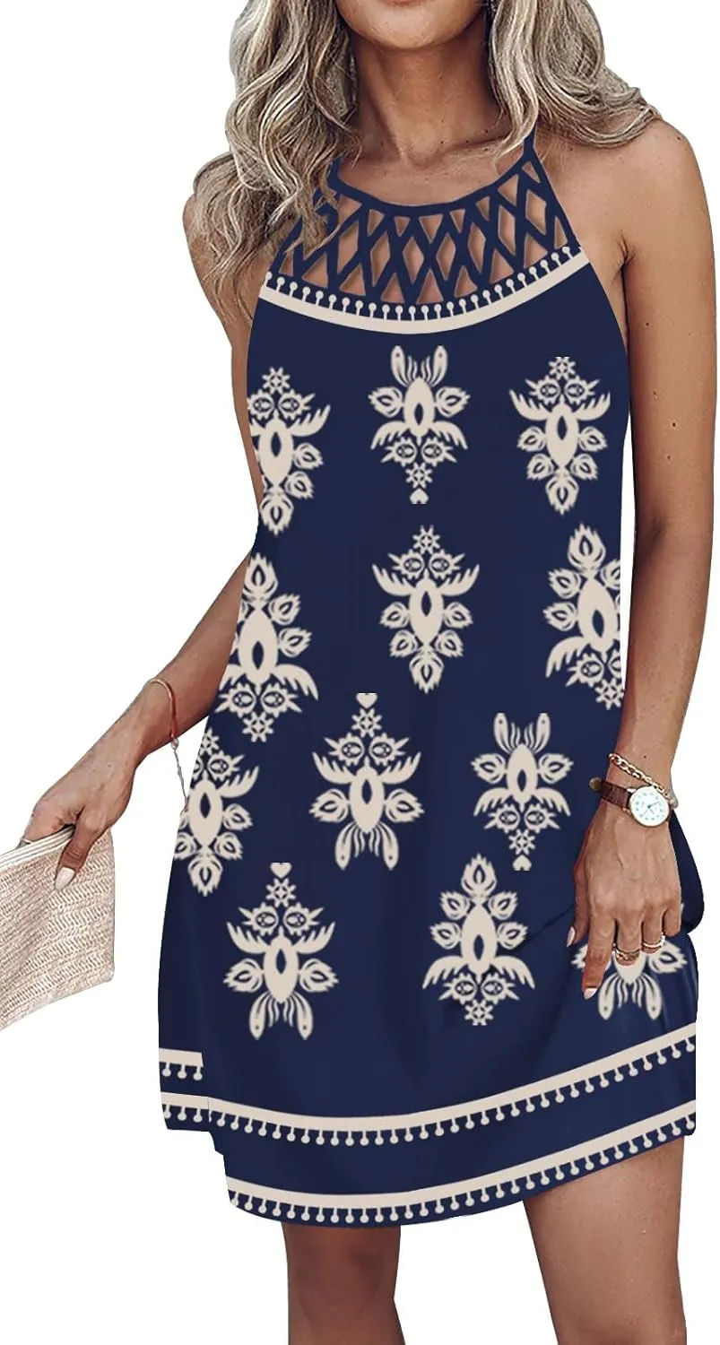 SAUKOLE Womens Summer Halter Neck Hollow Out Sleeveless Dress Floral Print Beach Boho Short Mini Sundresses