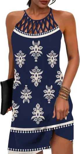 SAUKOLE Womens Summer Halter Neck Hollow Out Sleeveless Dress Floral Print Beach Boho Short Mini Sundresses