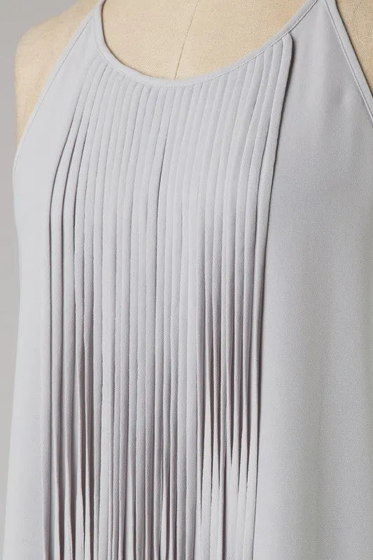 Sleeveless top with fringe detail in silver S-M