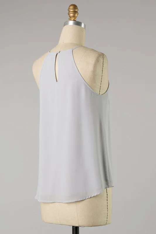 Sleeveless top with fringe detail in silver S-M