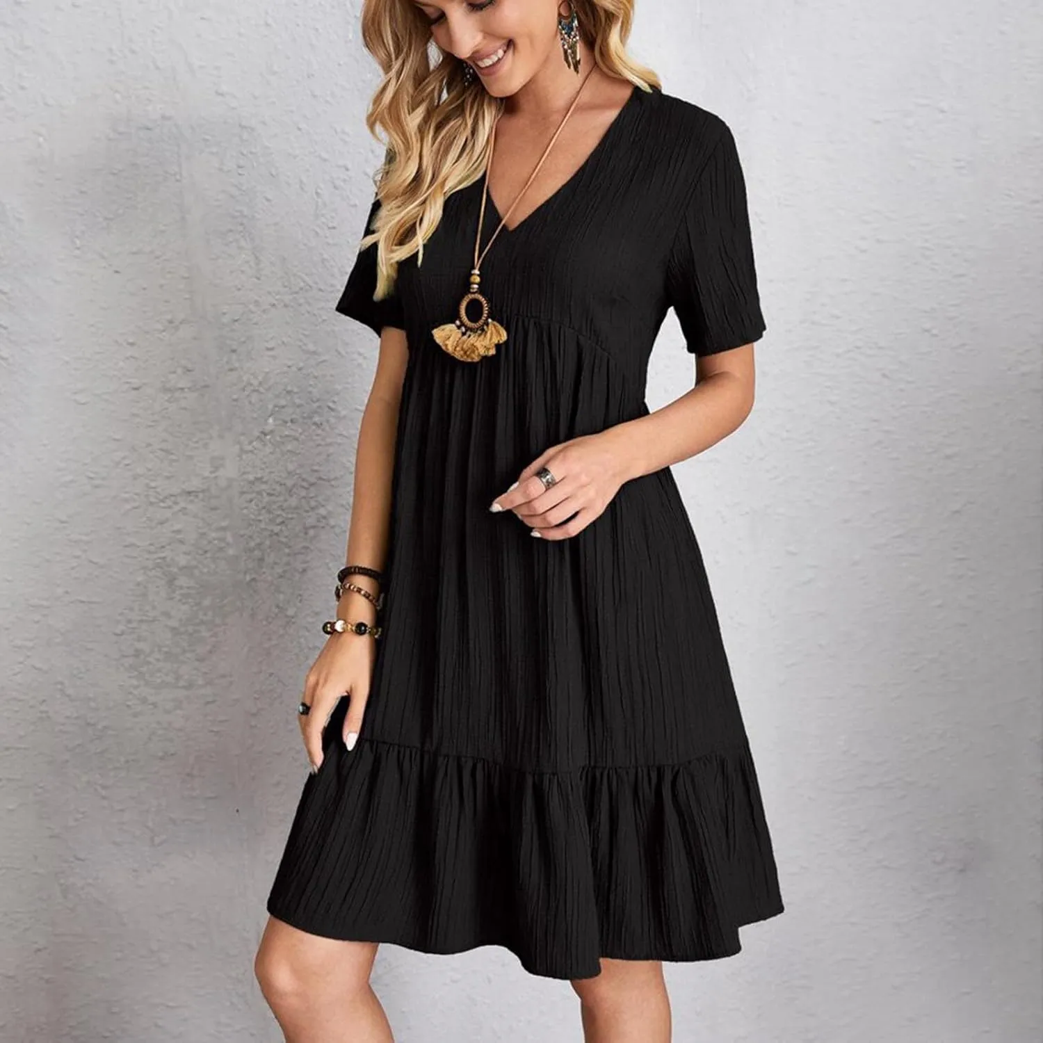 Summer Dresses for Women 2025 Vacation Short Sleeve v Neck Mini T Shirt Dress Pleated Ruffle Flowy Beach Sundresses