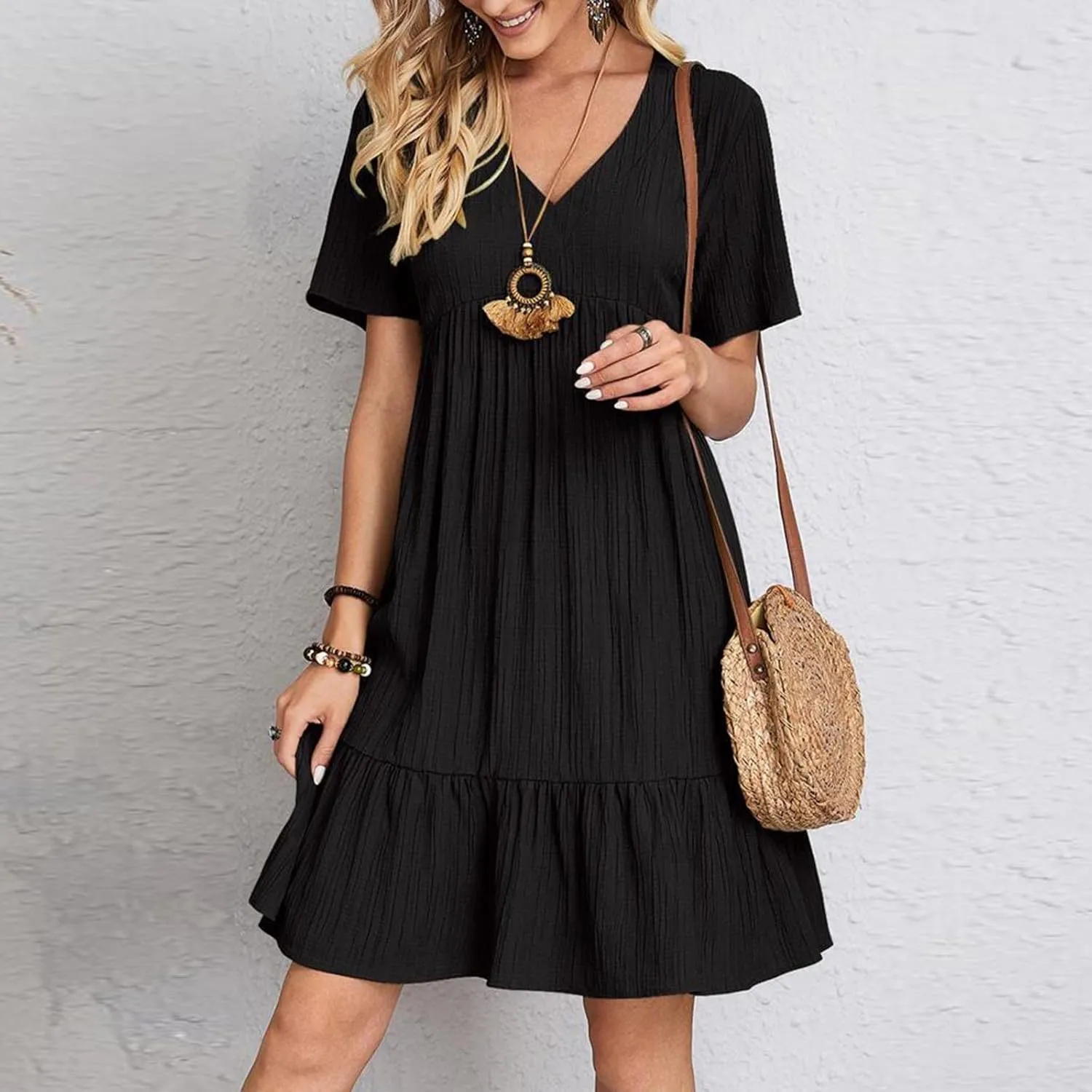 Summer Dresses for Women 2025 Vacation Short Sleeve v Neck Mini T Shirt Dress Pleated Ruffle Flowy Beach Sundresses