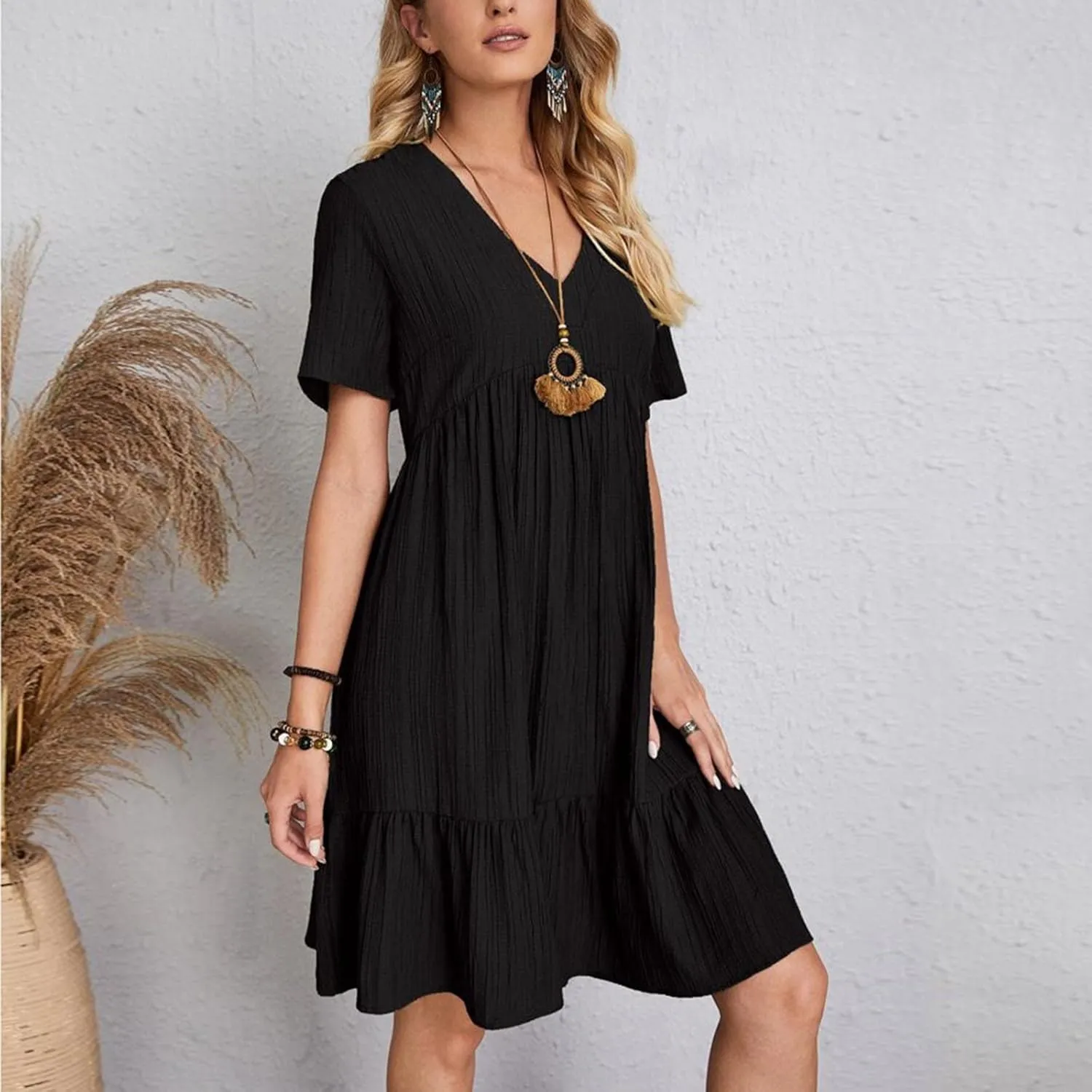 Summer Dresses for Women 2025 Vacation Short Sleeve v Neck Mini T Shirt Dress Pleated Ruffle Flowy Beach Sundresses