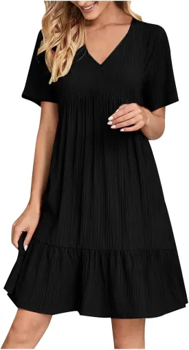 Summer Dresses for Women 2025 Vacation Short Sleeve v Neck Mini T Shirt Dress Pleated Ruffle Flowy Beach Sundresses