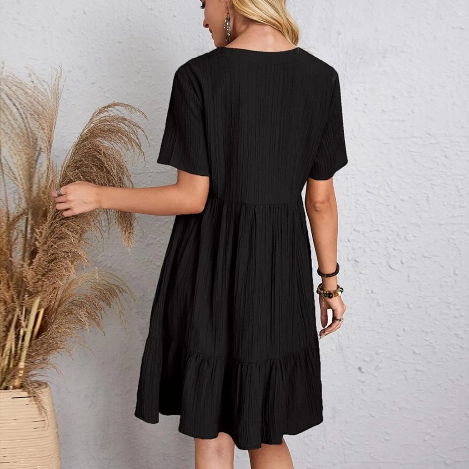 Summer Dresses for Women 2025 Vacation Short Sleeve v Neck Mini T Shirt Dress Pleated Ruffle Flowy Beach Sundresses