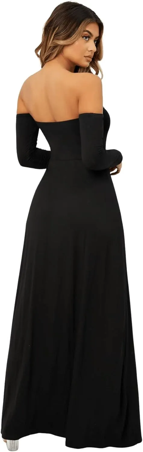 SweatyRocks Women's Elegant Off Shoulder Double High Slit Long Sleeve Dress A Line Maxi Dresses