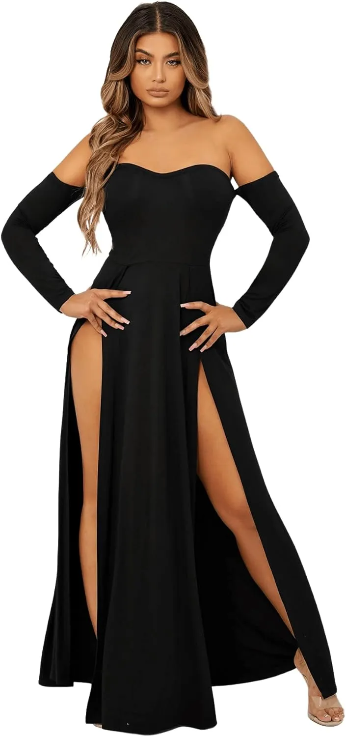 SweatyRocks Women's Elegant Off Shoulder Double High Slit Long Sleeve Dress A Line Maxi Dresses
