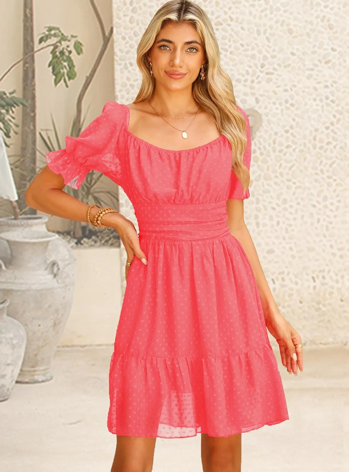 tagunop Women's Summer Casual Dress Smocked Square Neck Mini Dresses Ruffle Short Sleeve Sundress