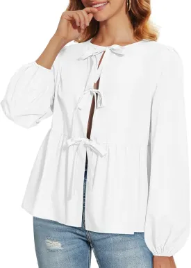 Tie Front Tops for Women Puff Long Sleeve Shirt Peplum Hem Cute Babydoll Blouse Y2k Going Out Tops