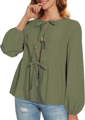 Tie Front Tops for Women Puff Long Sleeve Shirt Peplum Hem Cute Babydoll Blouse Y2k Going Out Tops