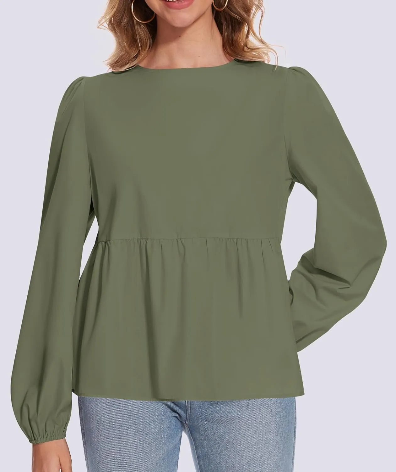 Tie Front Tops for Women Puff Long Sleeve Shirt Peplum Hem Cute Babydoll Blouse Y2k Going Out Tops