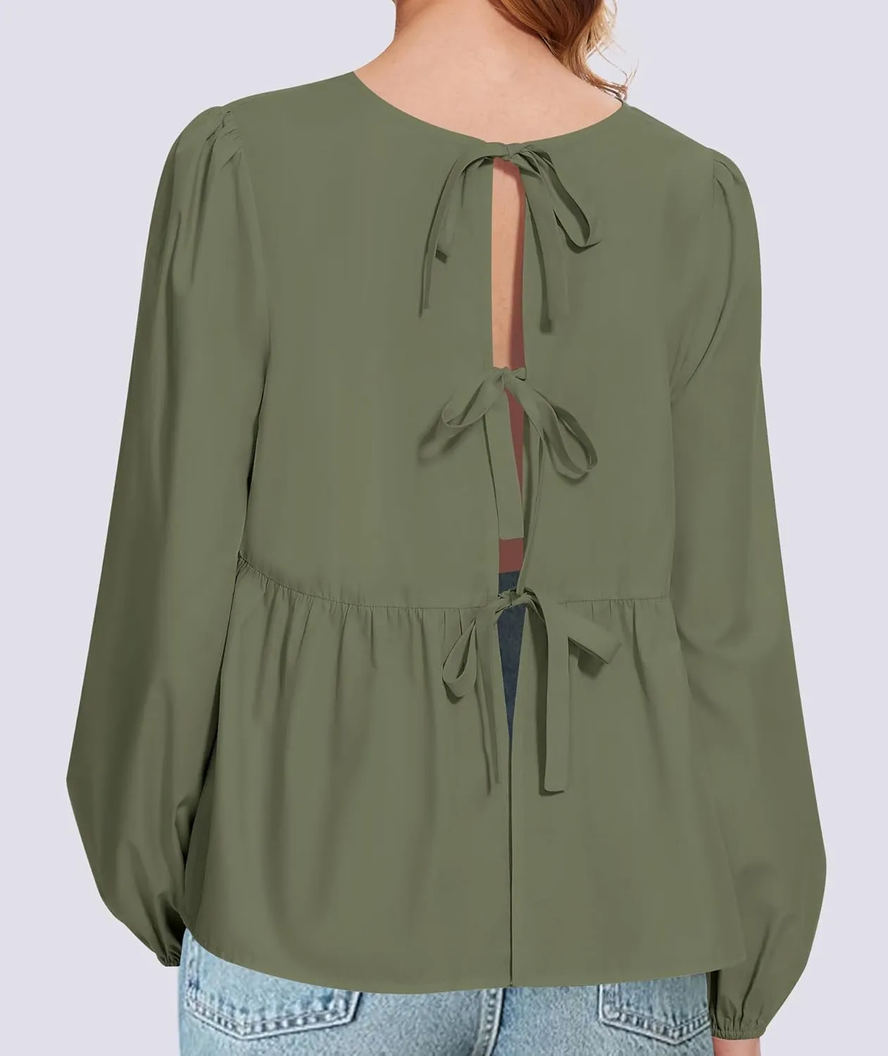 Tie Front Tops for Women Puff Long Sleeve Shirt Peplum Hem Cute Babydoll Blouse Y2k Going Out Tops