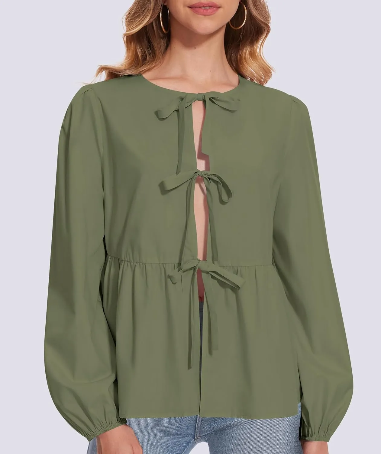 Tie Front Tops for Women Puff Long Sleeve Shirt Peplum Hem Cute Babydoll Blouse Y2k Going Out Tops