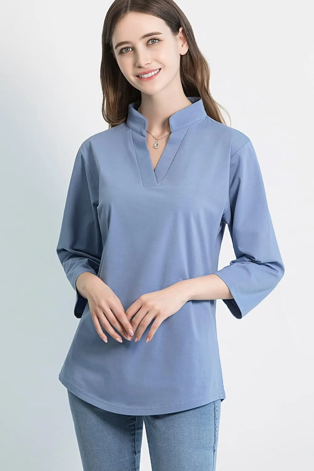 Tie G U Style Women's 3/4 Sleeve V Neck Stretch Loose Tunic Tops Casual Cotton Blouse Henley Collared Breathable Work Shirt