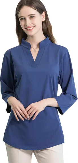 Tie G U Style Women's 3/4 Sleeve V Neck Stretch Loose Tunic Tops Casual Cotton Blouse Henley Collared Breathable Work Shirt
